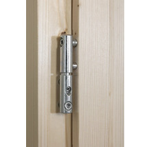 Fiche à visser en métal montée sur une porte en bois, charnière en deux parties pour portes d'intérieur en bois de résineux clair.