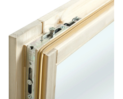 Cadre de fenêtre en bois avec ferrure métallique, Winkhaus Logo et joint d'étanchéité.