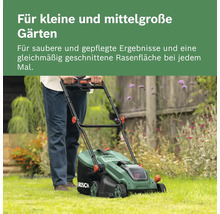Eine Person mäht einen grünen Rasen mit einem Bosch Akku-Rasenmäher in einem Garten für ein sauberes und gleichmäßiges Ergebnis.