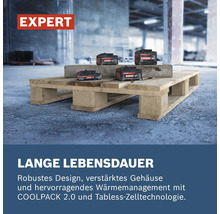 Vier verschiedene Expert 18 Volt Akkus auf einer Holzpalette in einer Werkstatt. Das Bild zeigt die robuste Bauweise. Expert Logo.
