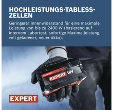 Expert 18 Volt 8 Amperestunden Akku mit Hochleistungs-Tabless-Zellen für eine maximale Leistung von 2400 Watt, gehalten von einer Person.