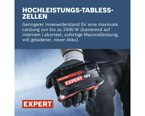 Expert 18 Volt 8 Amperestunden Akku mit Hochleistungs-Tabless-Zellen für eine maximale Leistung von 2400 Watt, gehalten von einer Person.