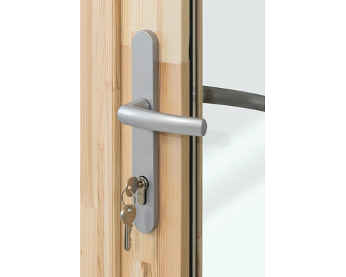 Poignée de porte en aluminium avec plaque longue et clé sur une porte en bois avec verre.