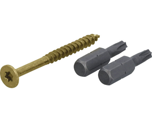 Vis à bois à tête fraisée avec filetage partiel et empreinte Torx, avec deux embouts Torx.