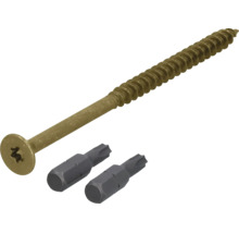 Vis à bois à tête fraisée, filetage partiel et empreinte Torx avec deux embouts Torx assortis.