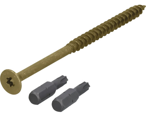 Vis à bois à tête fraisée, filetage partiel et empreinte Torx avec deux embouts Torx assortis.
