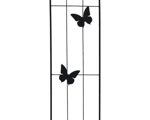 Treillis noir en métal avec deux papillons décoratifs pour plantes grimpantes.