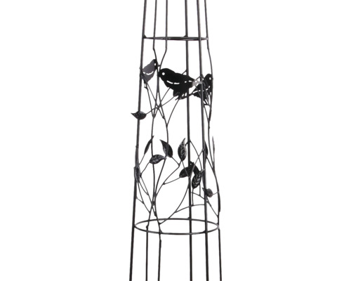 Rankobelisk aus Metall mit dekorativen Motiven von Vögeln, Blättern und Zweigen.