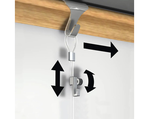 Système d accrochage de galerie avec crochet réglable pour une fixation flexible sur rails.