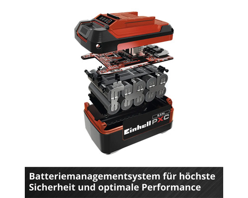 Explosionszeichnung eines Einhell Power X-Change Akkus mit 5.2 Amperestunden, Batteriemanagementsystem für Sicherheit und Performance. Einhell Logo.