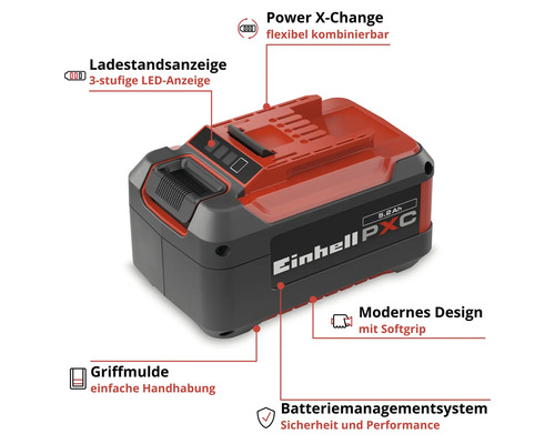 Einhell Power X-Change Akku 5,2 Amperestunden mit dreistufiger Ladestandsanzeige, Batteriemanagementsystem, Griffmulde und Softgrip.