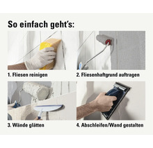 Anleitung zur Wandgestaltung: Fliesen reinigen, Haftgrund auftragen, Wände glätten und abschleifen.