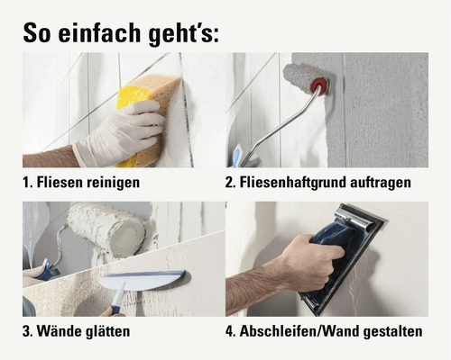 Anleitung zur Wandgestaltung: Fliesen reinigen, Haftgrund auftragen, Wände glätten und abschleifen.