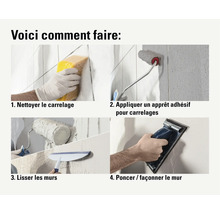 Instructions pour la rénovation murale en quatre étapes : nettoyer le carrelage, appliquer un apprêt, lisser le mur et poncer le mur.