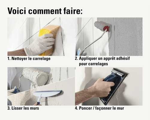 Instructions pour la rénovation murale en quatre étapes : nettoyer le carrelage, appliquer un apprêt, lisser le mur et poncer le mur.