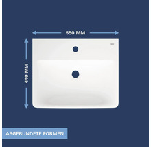 Lavabo Grohe aux formes arrondies, largeur 550 millimètres et profondeur 440 millimètres.