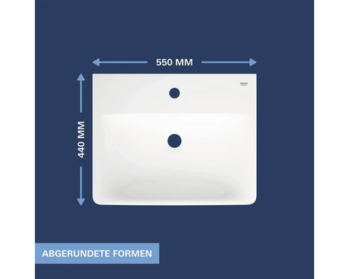 Lavabo Grohe aux formes arrondies, largeur 550 millimètres et profondeur 440 millimètres.