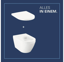 Set de WC suspendu comprenant une cuvette sans bride et un abattant assorti.