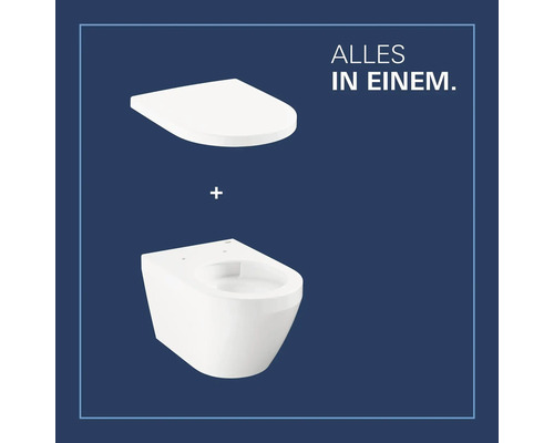 Set de WC suspendu comprenant une cuvette sans bride et un abattant assorti.