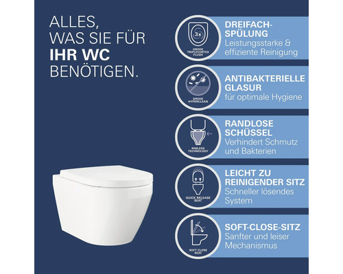 WC suspendu Grohe avec caractéristiques : triple chasse, émail antibactérien, sans bride, abattant facile à nettoyer et fermeture douce.