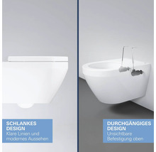 WC suspendu en détail : à gauche design fin aux lignes épurées, à droite design continu avec fixation invisible par le haut.
