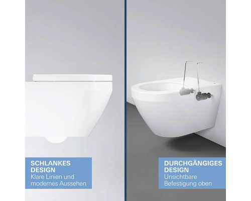 WC suspendu en détail : à gauche design fin aux lignes épurées, à droite design continu avec fixation invisible par le haut.
