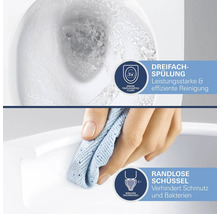 Technologie WC Grohe: triple chasse d'eau pour un nettoyage puissant et cuvette sans bride pour un entretien facile contre la saleté.