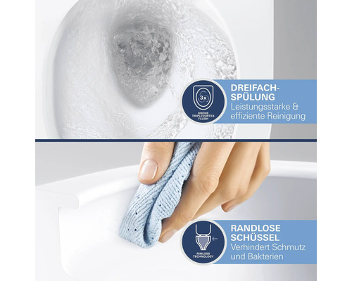 Technologie WC Grohe: triple chasse d'eau pour un nettoyage puissant et cuvette sans bride pour un entretien facile contre la saleté.