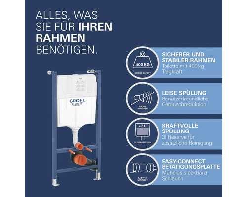 Grohe Vorwandelement mit Spülkasten und Produktmerkmalen: 400 kg Tragkraft, leise Spülung, 3 Liter Spülreserve und Easy-Connect-Schlauch.