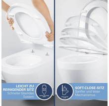 Toilette mit abnehmbarem WC-Sitz für leichte Reinigung und Soft-Close-Absenkautomatik für sanftes Schließen.