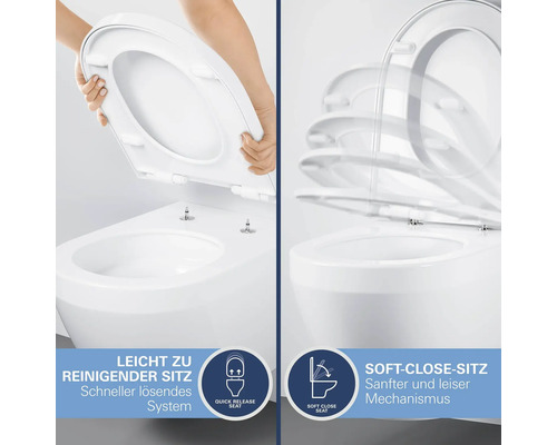 Toilette mit abnehmbarem WC-Sitz für leichte Reinigung und Soft-Close-Absenkautomatik für sanftes Schließen.