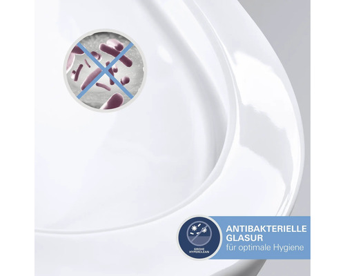 Nahaufnahme einer weißen Keramik-Toilette mit antibakterieller Glasur für optimale Hygiene und Grohe Hyperclean-Logo.