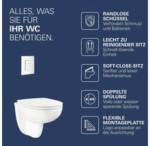 Wand-WC-Set mit randloser Schüssel, abnehmbarem Soft-Close-Sitz, doppelter Spülung und flexibler Drückerplatte sowie Funktionsbeschreibung.