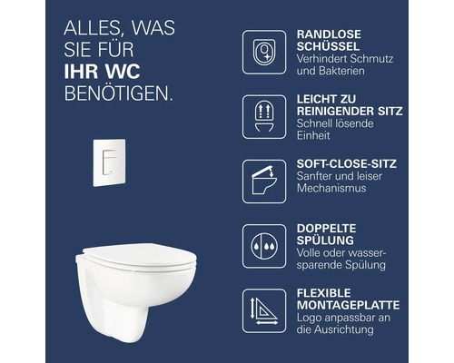 Wand-WC-Set mit randloser Schüssel, abnehmbarem Soft-Close-Sitz, doppelter Spülung und flexibler Drückerplatte sowie Funktionsbeschreibung.