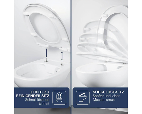 WC-Sitz mit Quick-Release-Funktion zum einfachen Abnehmen und Soft-Close-Absenkautomatik für sanftes Schließen.
