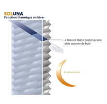 Logo Soluna. Illustration de la fonction thermique d'un store plissé en hiver : bloque le froid et conserve l'air ambiant chaud.