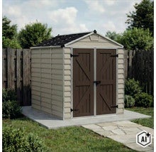 Abri de jardin en plastique avec double porte, installé sur une dalle en béton dans le jardin, résistant aux intempéries et facile d'entretien. (Image AI modified or generated)