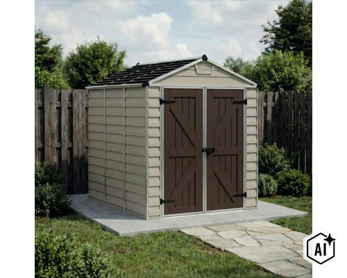 Abri de jardin en plastique avec double porte, installé sur une dalle en béton dans le jardin, résistant aux intempéries et facile d'entretien. (Image AI modified or generated)