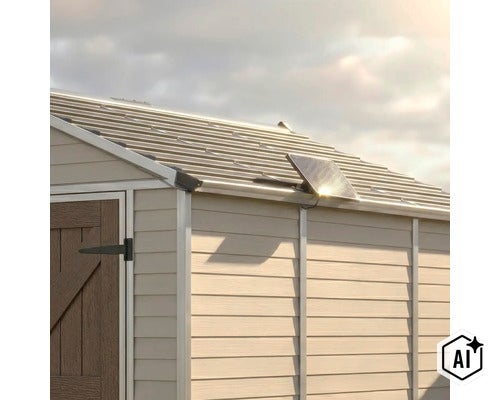 Un petit panneau solaire est installé sur le toit incliné d une cabane de jardin pour générer de l énergie pour l éclairage ou les appareils. (Image AI modified or generated)