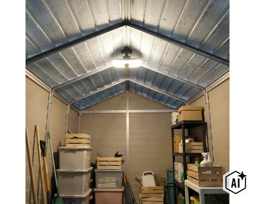 Vue intérieure d'un abri de jardin avec éclairage, étagères, boîtes de rangement et outils de jardinage, bien rangés pour le stockage. (Image AI modified or generated)