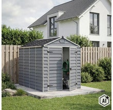 Kunststoff Gartenhaus mit Doppeltür im Garten auf einer Betonplatte vor einem Wohnhaus platziert. (Image AI modified or generated)