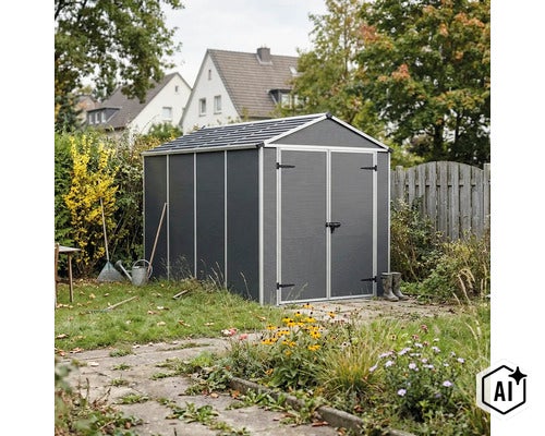 Abri de jardin en plastique avec double porte dans un jardin planté avec une allée au premier plan. (Image AI modified or generated)