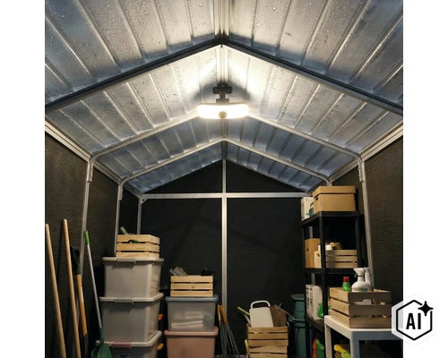 Vue intérieure d une cabane de jardin avec éclairage, étagères, bacs en plastique et caisses en bois pour le rangement d outils de jardinage. (Image AI modified or generated)