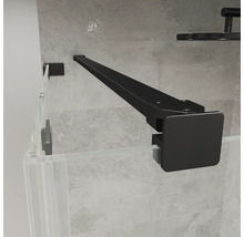 Barre de stabilisation noire pour paroi de douche en verre, fixation murale et sur verre, profil carré, surface mate.