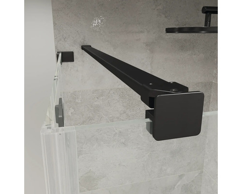 Barre de stabilisation noire pour paroi de douche en verre, fixation murale et sur verre, profil carré, surface mate.