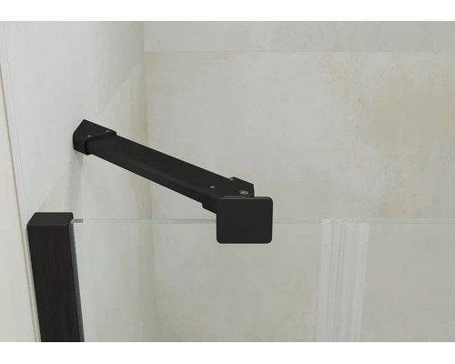 Barre de stabilisation noire et rectangulaire pour parois de douche, montage mural sur verre, finition mate.