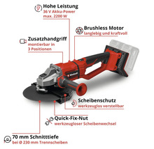Einhell Akku-Winkelschleifer, bürstenloser Motor, 36 Volt, 70 Millimeter Schnitttiefe, Zusatzhandgriff und werkzeugloser Zubehörwechsel.