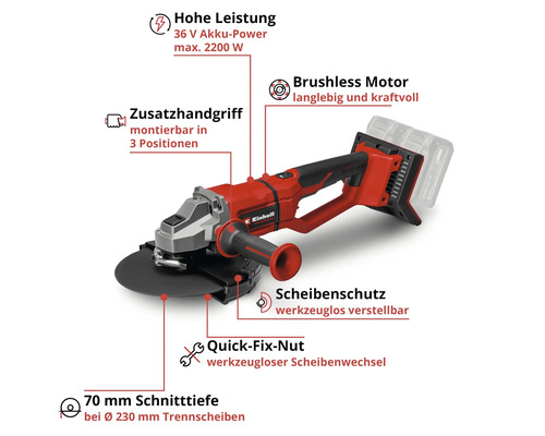 Einhell Akku-Winkelschleifer, bürstenloser Motor, 36 Volt, 70 Millimeter Schnitttiefe, Zusatzhandgriff und werkzeugloser Zubehörwechsel.