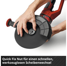 Winkelschleifer mit Quick Fix Nut für einen werkzeuglosen Scheibenwechsel durch einfaches Drehen von Hand.