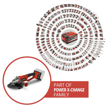 Einhell Akku-Winkelschleifer als Teil der Power X-Change Familie mit einer Übersicht kompatibler Werkzeuge und Gartengeräte.